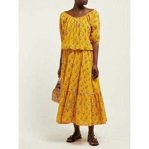 Rhode Resort Frida Printed Midi Dress Floral Off The Shoulder Yellow M 231156